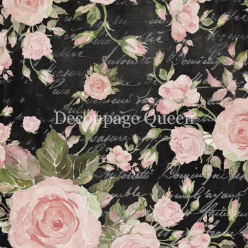 Close-up of a rice paper that features light pink watercolor roses and delicate script writing on a black background.