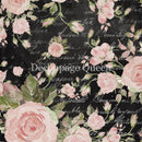 Close-up of a rice paper that features light pink watercolor roses and delicate script writing on a black background.
