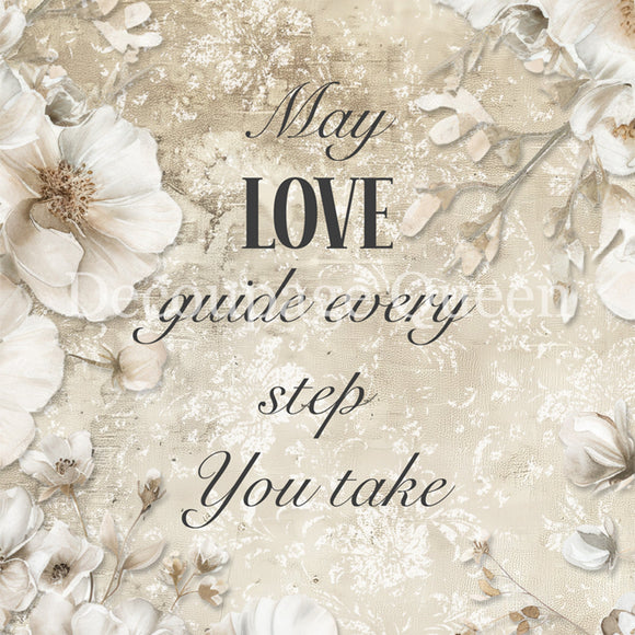 Close-up of a rice paper that features delicate white flowers on a vintage background with the heartfelt message, "May Love Guide Every Step You Take".