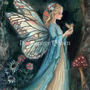 Close-up of a rice paper featuring a colorful drawing of a butterfly winged fairy in a long blue gown holding a bird in a dark forest with flowers and mushrooms.