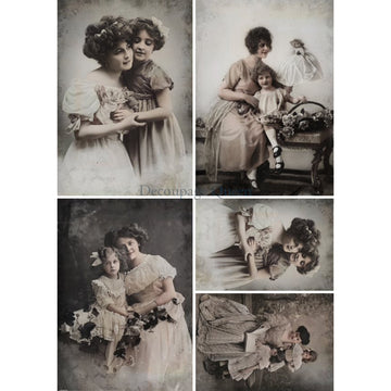 Rice paper featuring 5 vintage black and white images of mothers and daughters. White borders are on the sides.