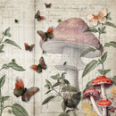 Close-up of a rice paper that features a vintage ledger background adorned with charming butterflies, mushrooms, and green leaves.