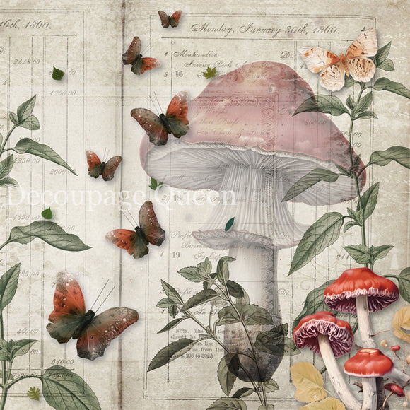 Close-up of a rice paper that features a vintage ledger background adorned with charming butterflies, mushrooms, and green leaves.