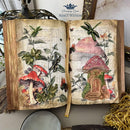 A book craft created by Nancy Watson features Decoupage Queen's Mushroom Fantasy A3 rice paper on 2 open pages. 