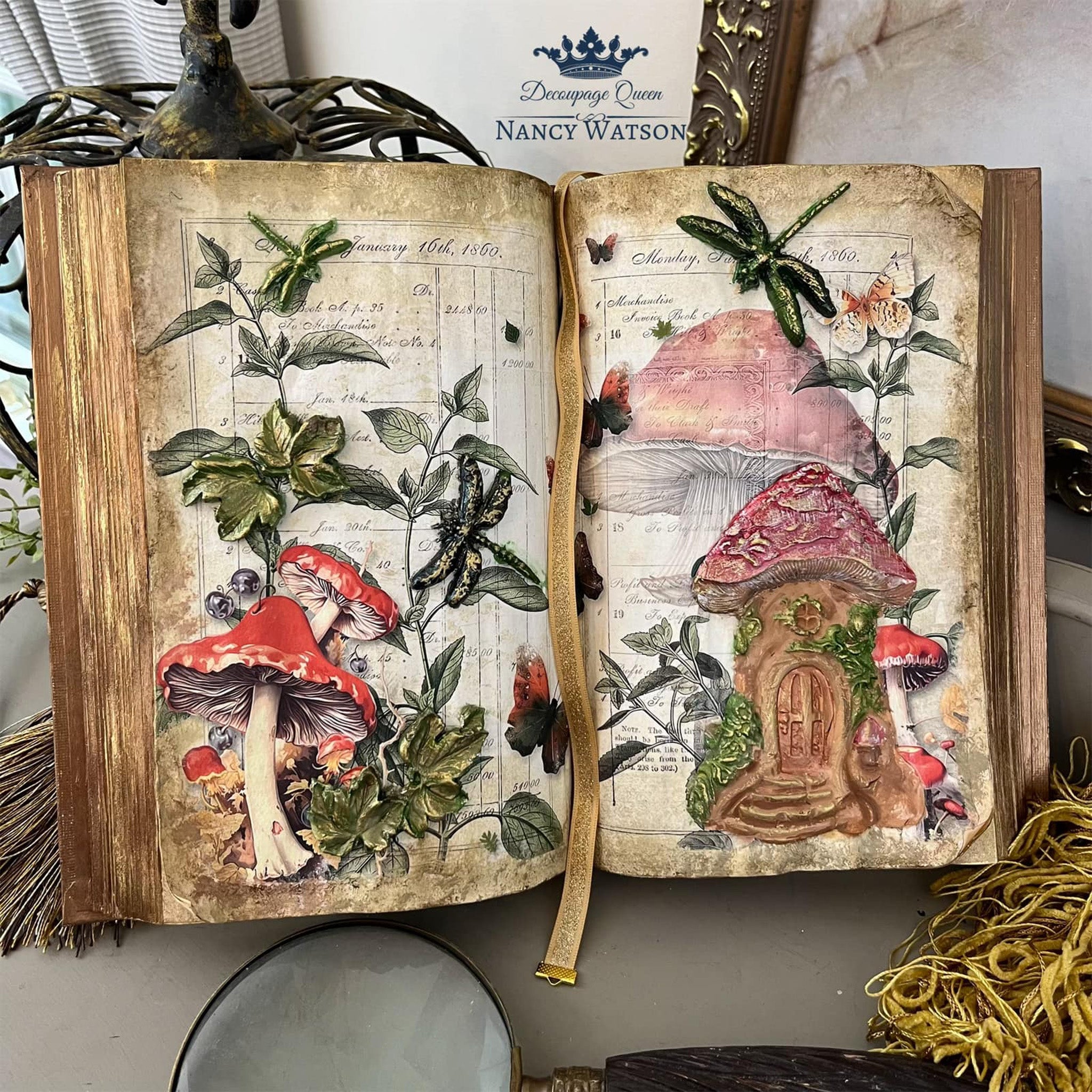 A book craft created by Nancy Watson features Decoupage Queen's Mushroom Fantasy A3 rice paper on 2 open pages. 