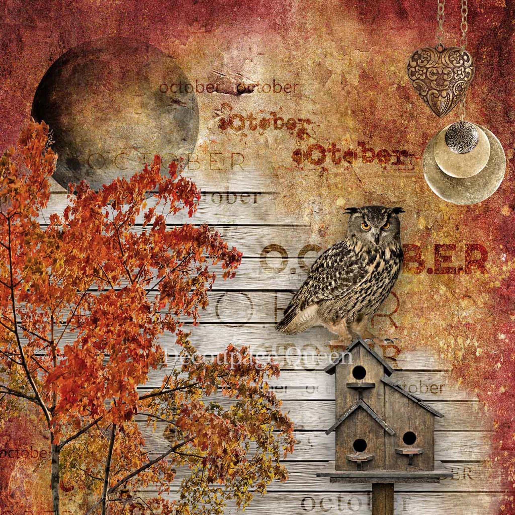 Close-up of a rice paper design of a barn board backdrop with October printed all over featuring a breathtaking harvest moon, fall trees, and a wise owl on a bird house. 