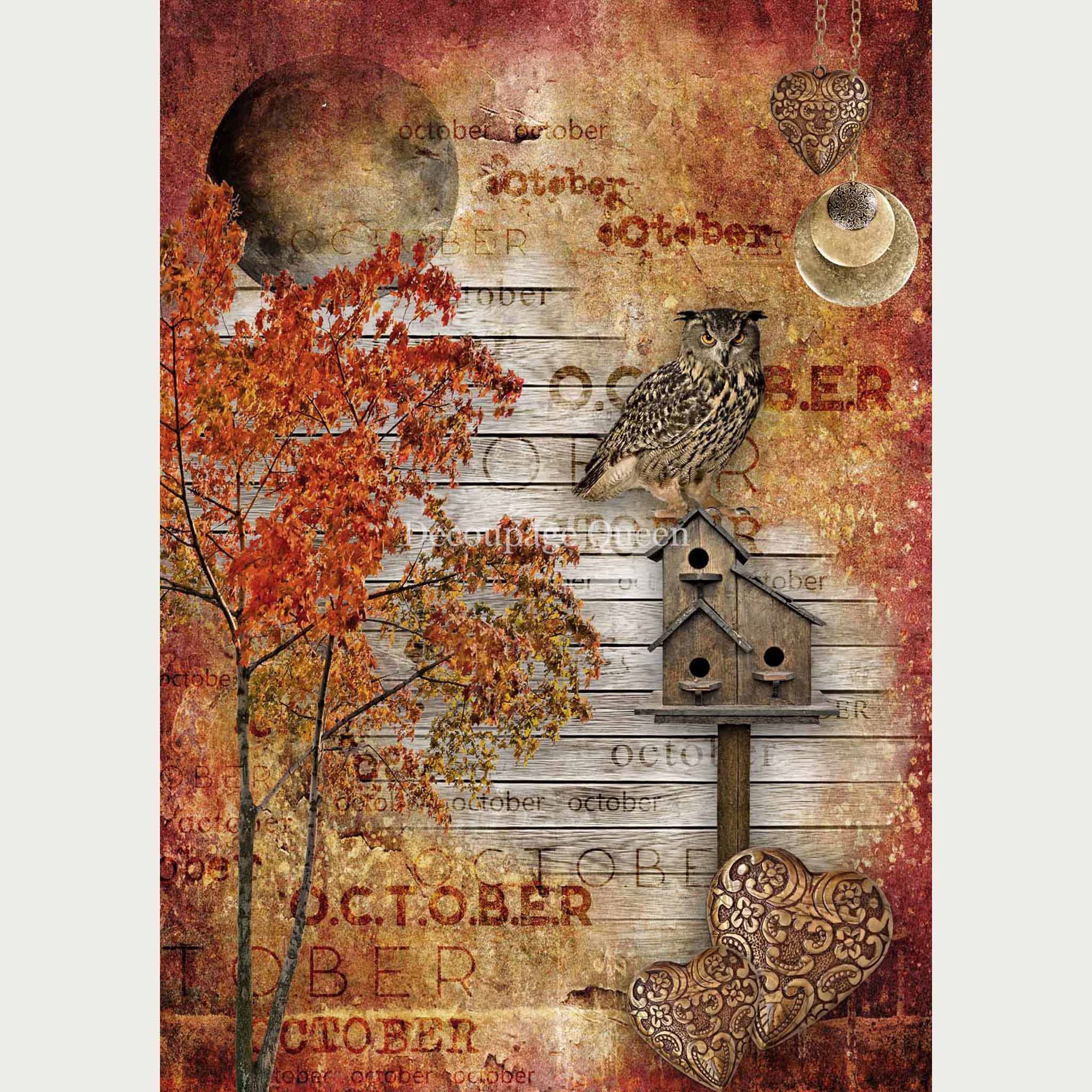 Rice paper design of a barn board backdrop with October printed all over featuring a breathtaking harvest moon, fall trees, and a wise owl on a bird house. 