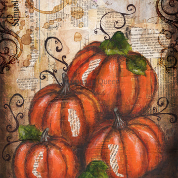 Close-up of a rice paper featuring painted pumpkins and vintage documents in sepia tones.