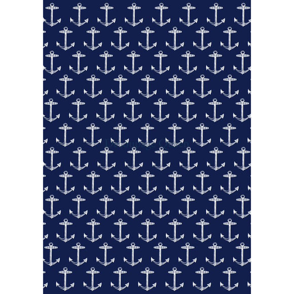 Rice paper featuring a repeating white anchor pattern against a blue background. White borders are on the sides.
