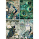 Rice paper featuring 4 designs of peacocks against vintage documents and bright peacock feathers is against a white background.