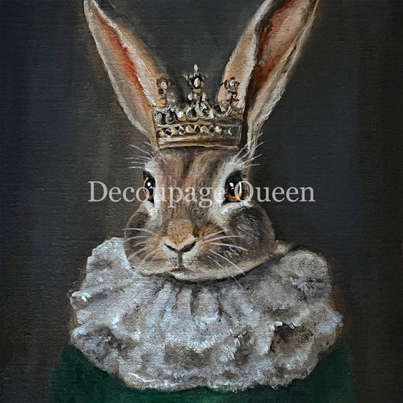 Close-up of a rice paper that featuring a portrait painting of a regal rabbit donning a crown and frilly collar.