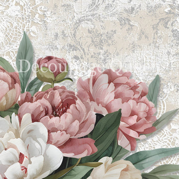 Close-up of a rice paper that features a stunning bouquet of pink and white peonies set against a flourished background. 