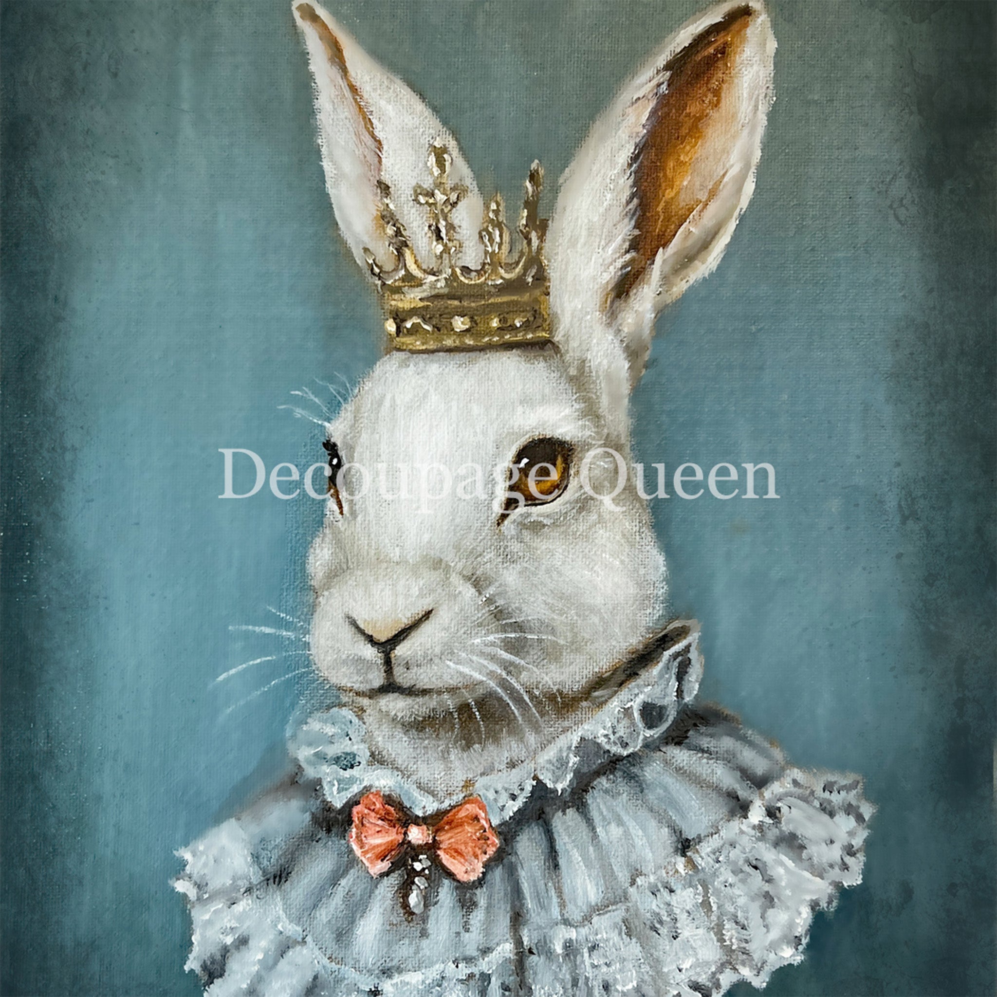 Close-up of a rice paper that features a portrait painting of a regal white rabbit donning a lavish crown and a delicate lace collar against a blue background. 
