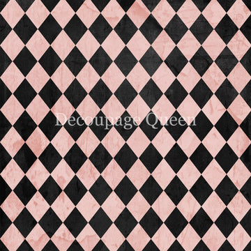 Close-up of a rice paper that featuring a soft pink and black harlequin diamond pattern. 