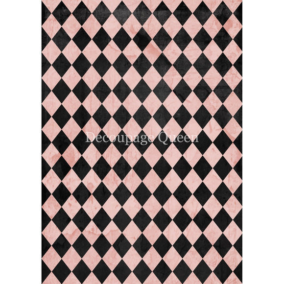 Rice paper that featuring a soft pink and black harlequin diamond pattern. White borders are on the sides.