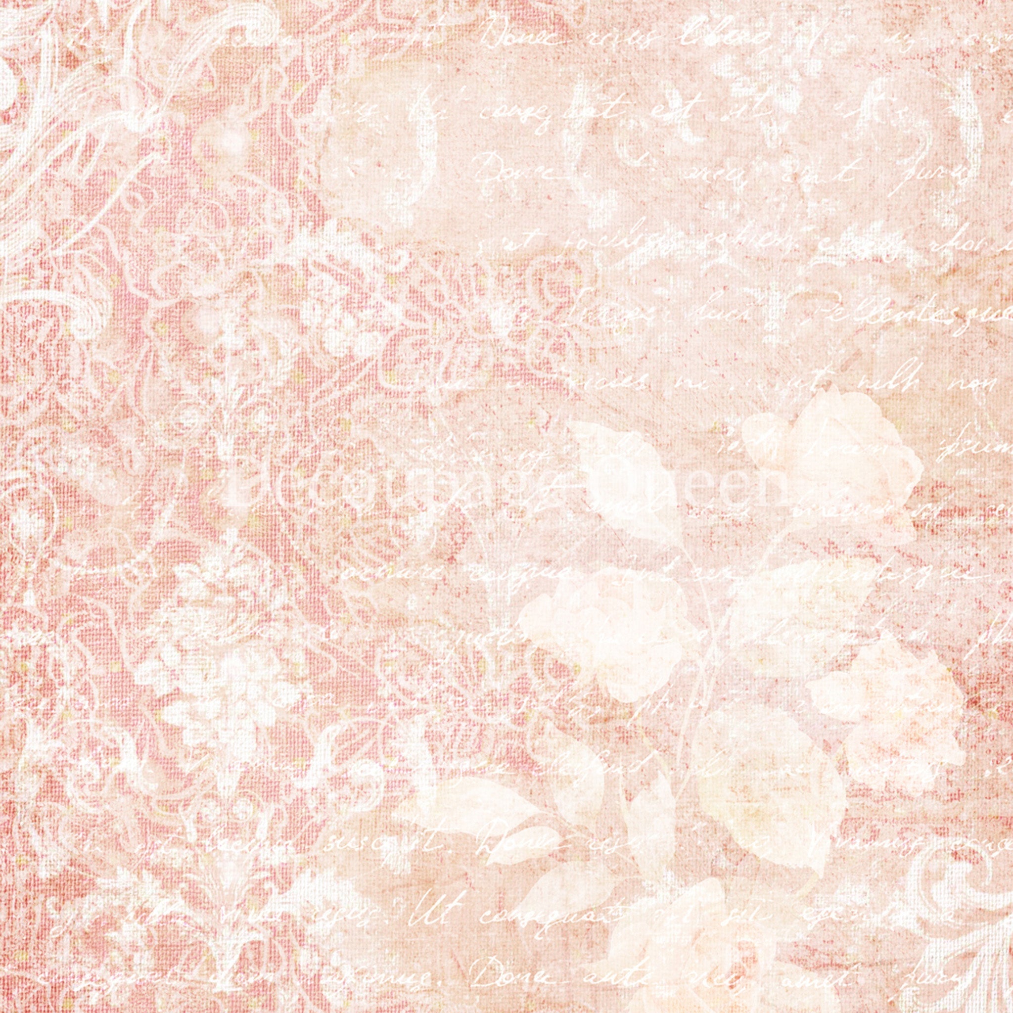 Close-up of a rice paper design that features a stunning pink floral lace design accented with subtle script.