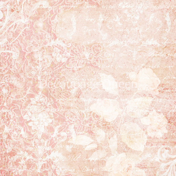 Close-up of a rice paper design that features a stunning pink floral lace design accented with subtle script.
