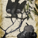 Close-up of a rice paper featuring a grey-scale scene of a black raven perched in a tree with pumpkins against an old yellowed document.