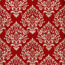 Close-up of a rice paper that features a silvery white diamond shape damask pattern against a red background.