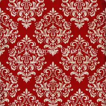 Close-up of a rice paper that features a silvery white diamond shape damask pattern against a red background.