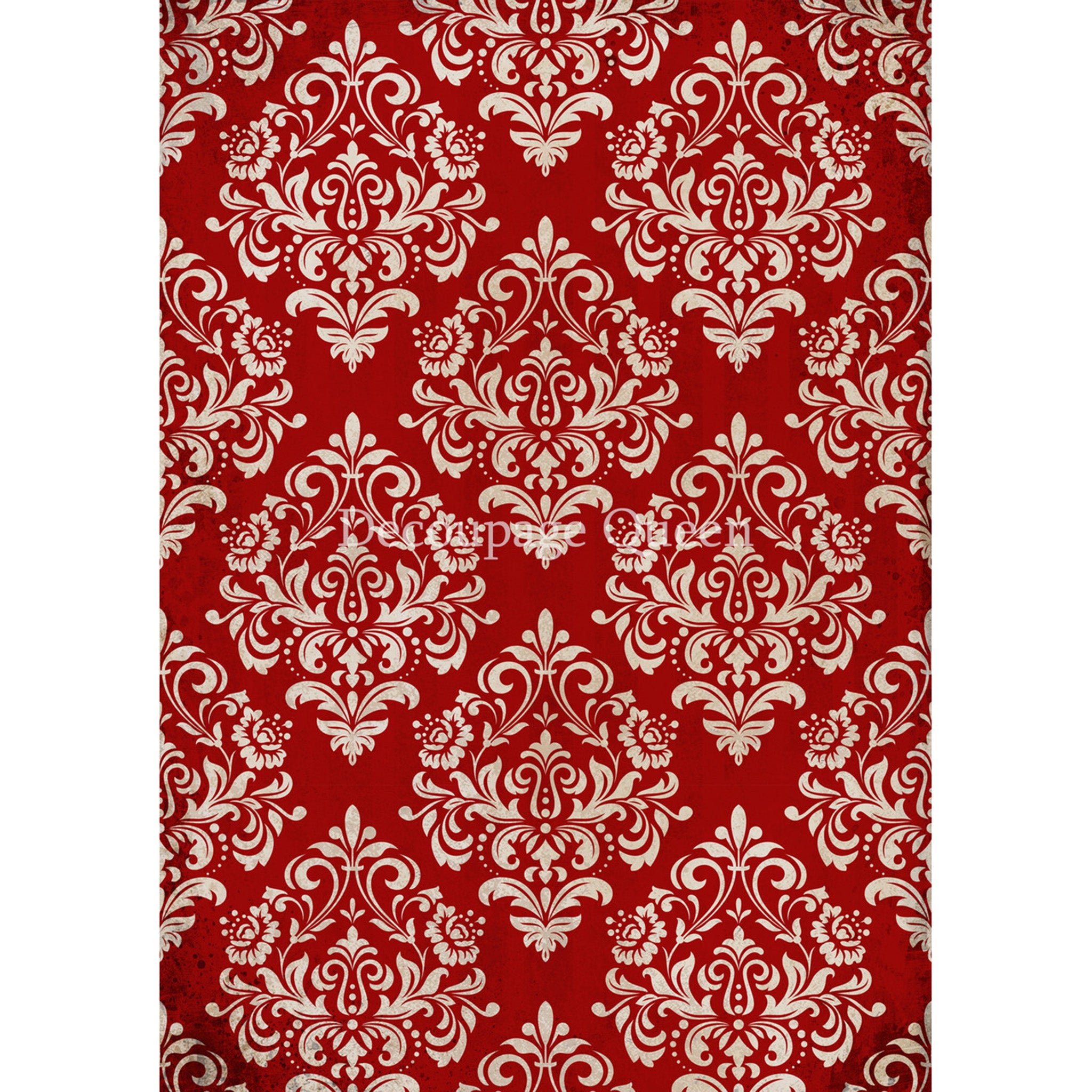 Rice paper that features a silvery white diamond shape damask pattern against a red background. White borders are on the sides.