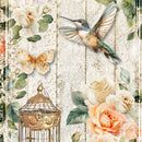 Close-up of a rice paper featuring a charming hummingbird, fluttering butterfly, and elegant gold bird cage with soft peach and white roses
