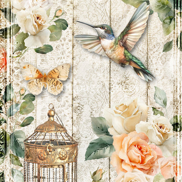 Close-up of a rice paper featuring a charming hummingbird, fluttering butterfly, and elegant gold bird cage with soft peach and white roses