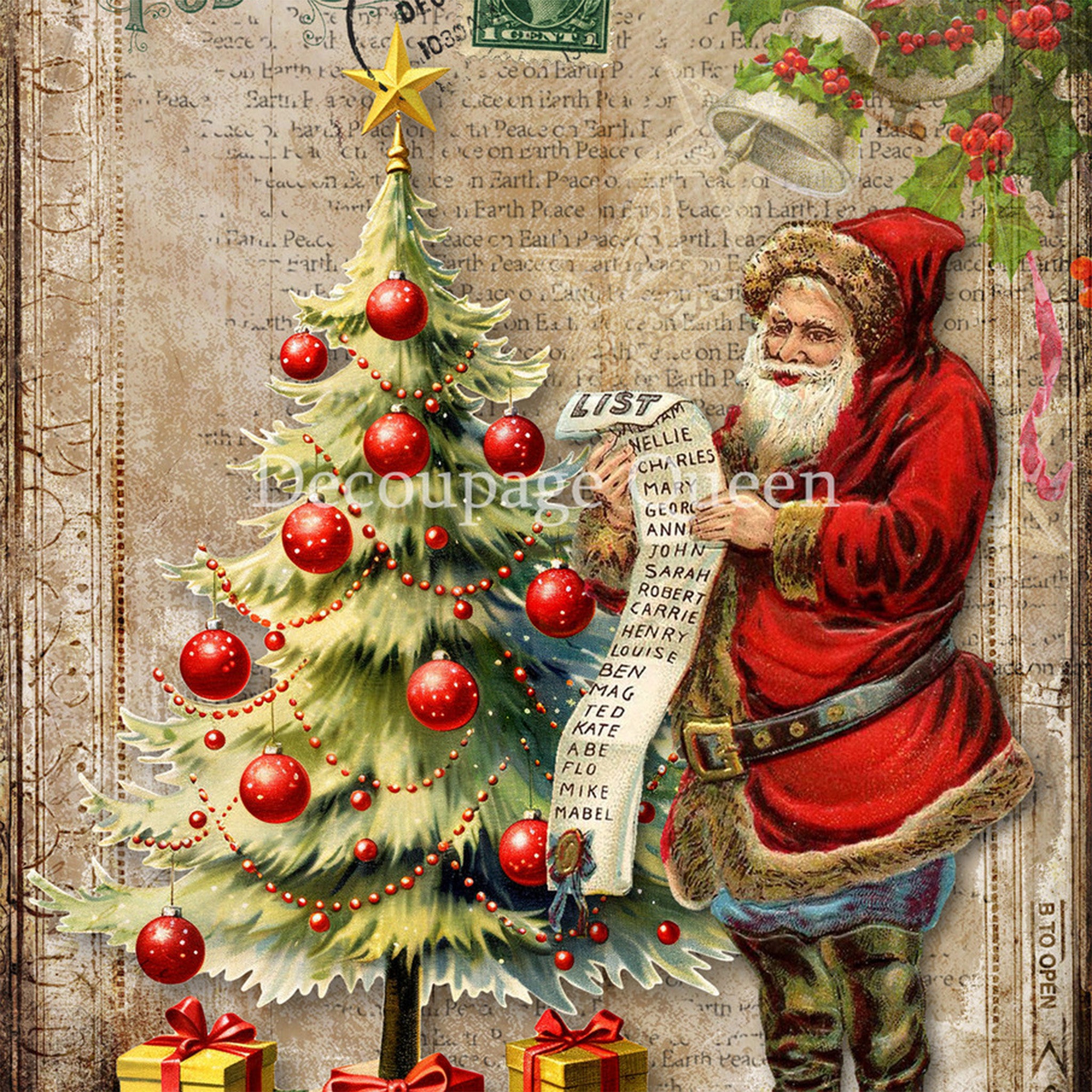 Close-up of a rice paper featuring Santa checking his list, surrounded by a cozy Christmas tree and gifts atop a vintage script.