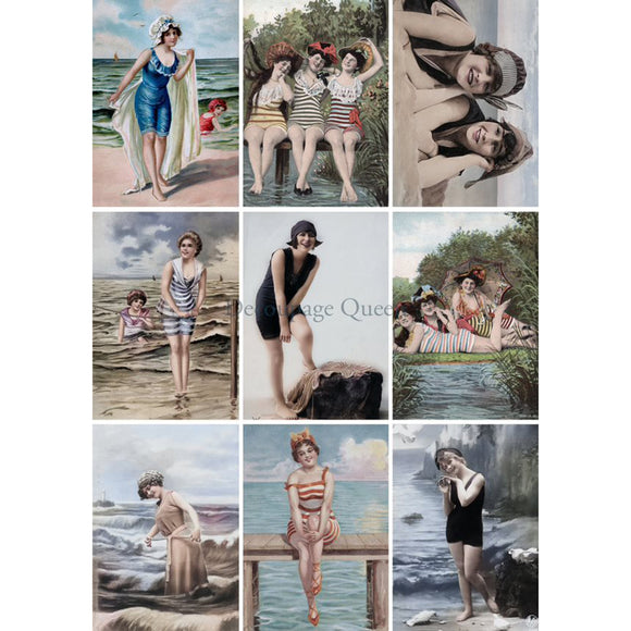 Rice paper featuring 9 playful vintage designs of women enjoying the seaside. White borders are on the sides.