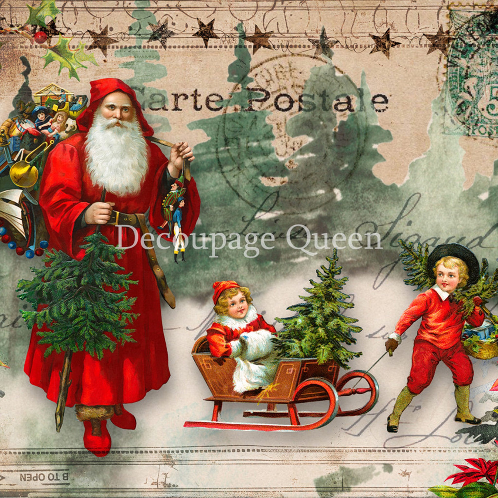 Close-up of a rice paper that  features a vintage document backdrop covered in Christmas trees, while Santa oversees kids playing with a sled