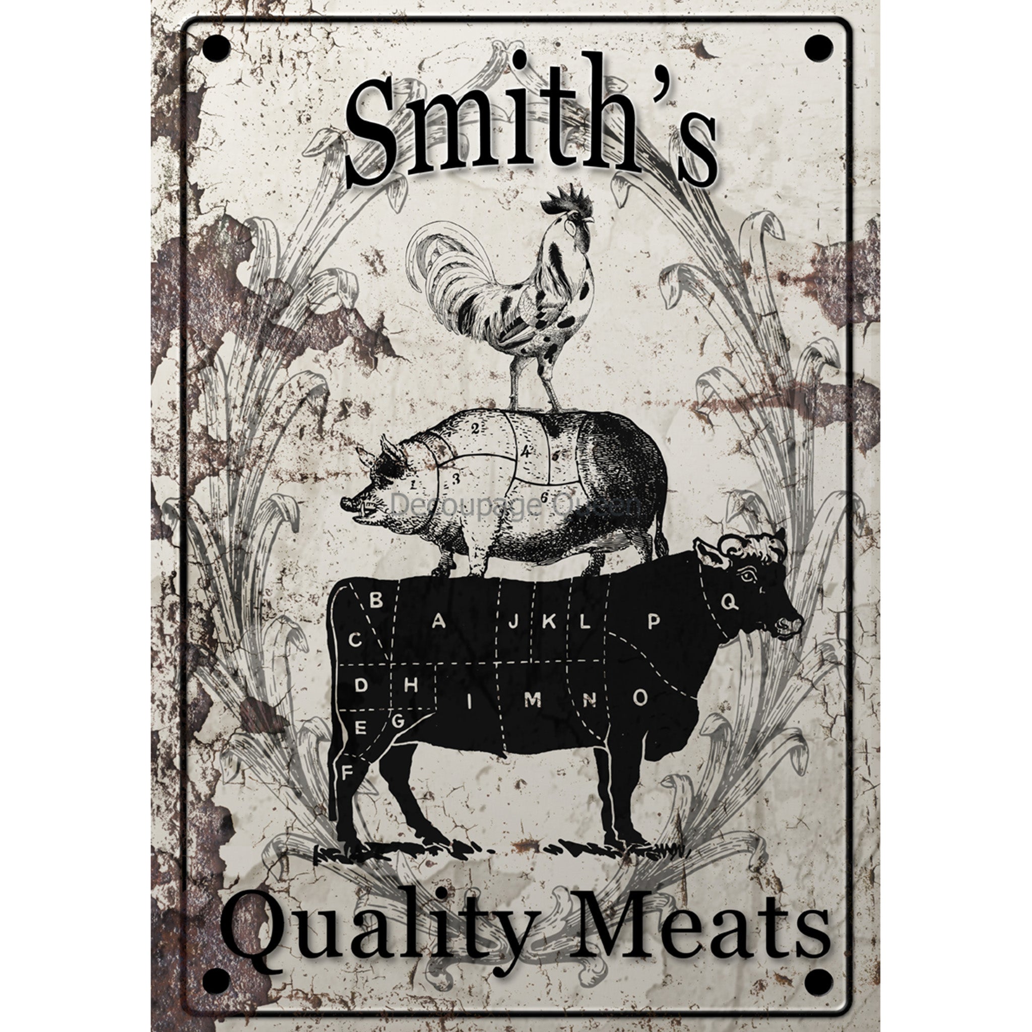 Rice paper design that features a charming sign with a rooster, pig, and cow, inside the words Smith's Quality Meats. White borders are on the sides.