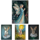 Four rice papers against a white background feature magical designs, including 2 rabbits in royal attire, a mystical fairy, and a lamb in a sun-lit field. 