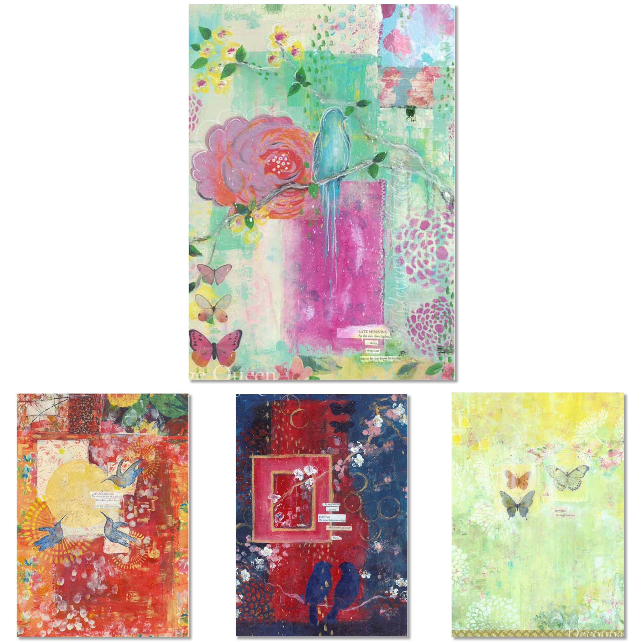 Rice papers featuring 4 colorful Spring designs that include butterflies, flowers, and birds are against a white background.