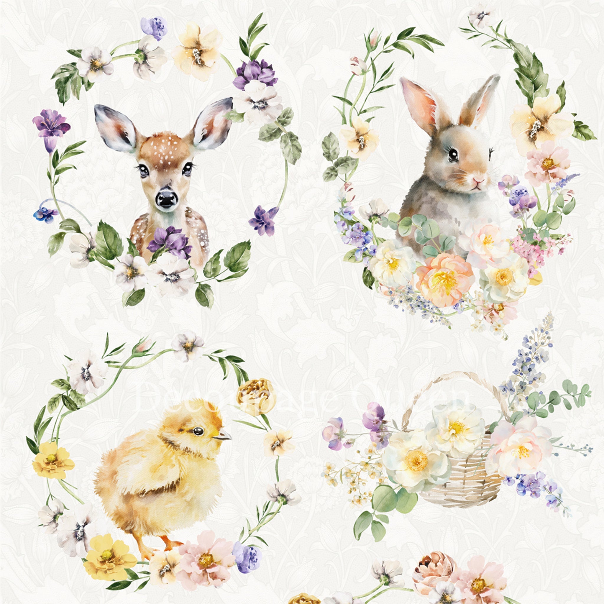 Close-up of a rice paper featuring 6 whimsical floral wreath designs including a deer, bunny, chick, and lamb.