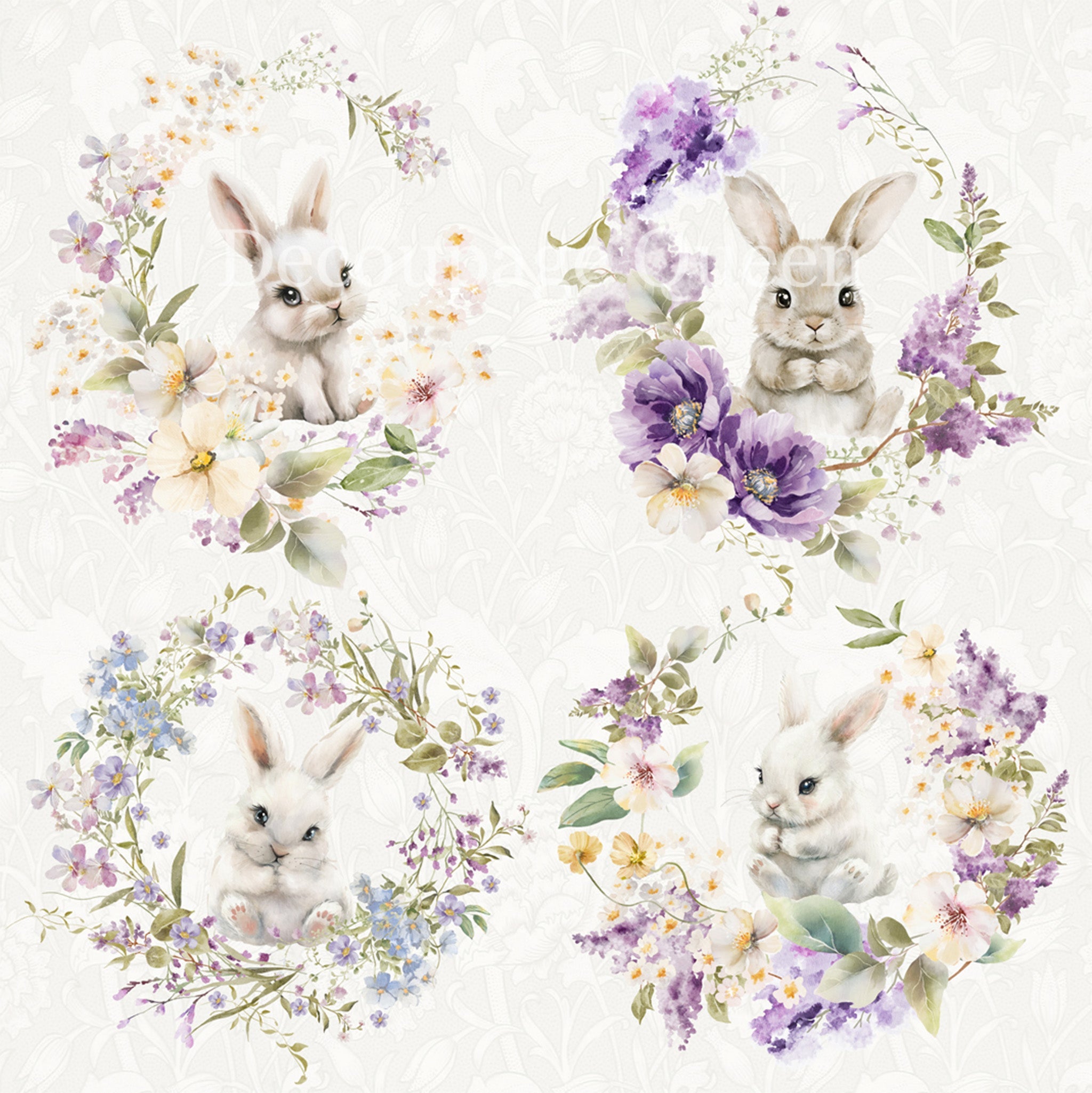 Close-up of a rice paper featuring 6 adorable designs of Easter bunnies in gorgeous floral wreaths.