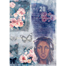 Rice paper featuring a dreamy woman, butterflies, and pink roses with subtle script atop a soft blue backdrop. White borders are on the sides.