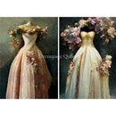 Rice paper featuring 2 spring gowns, one in blush, the other in cream, adorned with flowers. White borders are on the top and bottom.