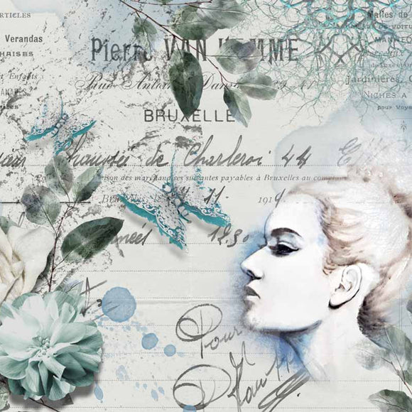 Close-up of a rice paper featuring a romantic, vintage feel with a central portrait, whimsical botanical elements, and script writing all in cool blue tones.