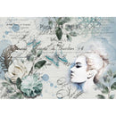 Rice paper featuring a romantic, vintage feel with a central portrait, whimsical botanical elements, and script writing all in cool blue tones. White borders are on the top and bottom.