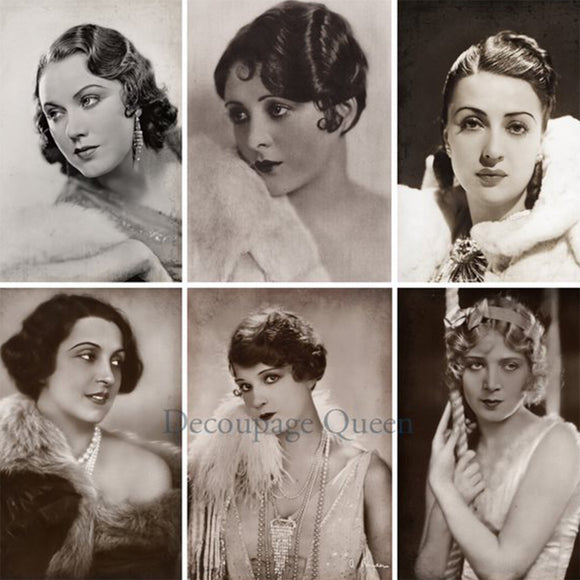 Close-up of a rice paper featuring 9 mini portraits of women from vintage Hollywood. 