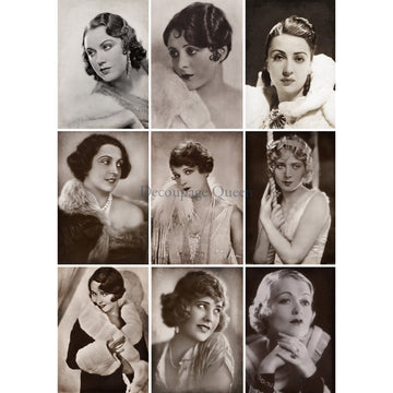 Rice paper featuring 9 mini portraits of women from vintage Hollywood. White borders are on the sides.