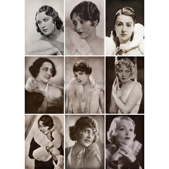 Rice paper featuring 9 mini portraits of women from vintage Hollywood. White borders are on the sides.