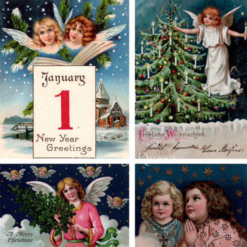 Close-up of a rice paper featuring 5 vintage Christmas designs with charming angels and cherubs surrounded by festive greenery.