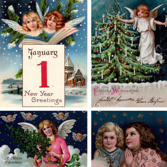 Close-up of a rice paper featuring 5 vintage Christmas designs with charming angels and cherubs surrounded by festive greenery.