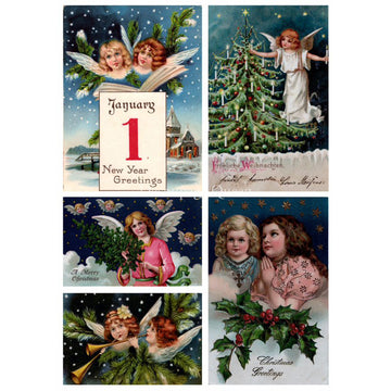 Rice paper featuring 5 vintage Christmas designs with charming angels and cherubs surrounded by festive greenery.