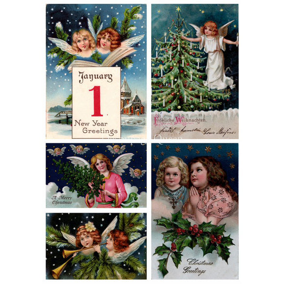 Rice paper featuring 5 vintage Christmas designs with charming angels and cherubs surrounded by festive greenery.