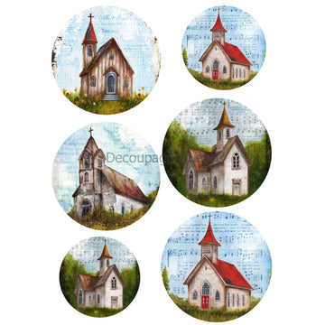 Rice paper featuring 6 unique round designs of charming churches against sheet music. 