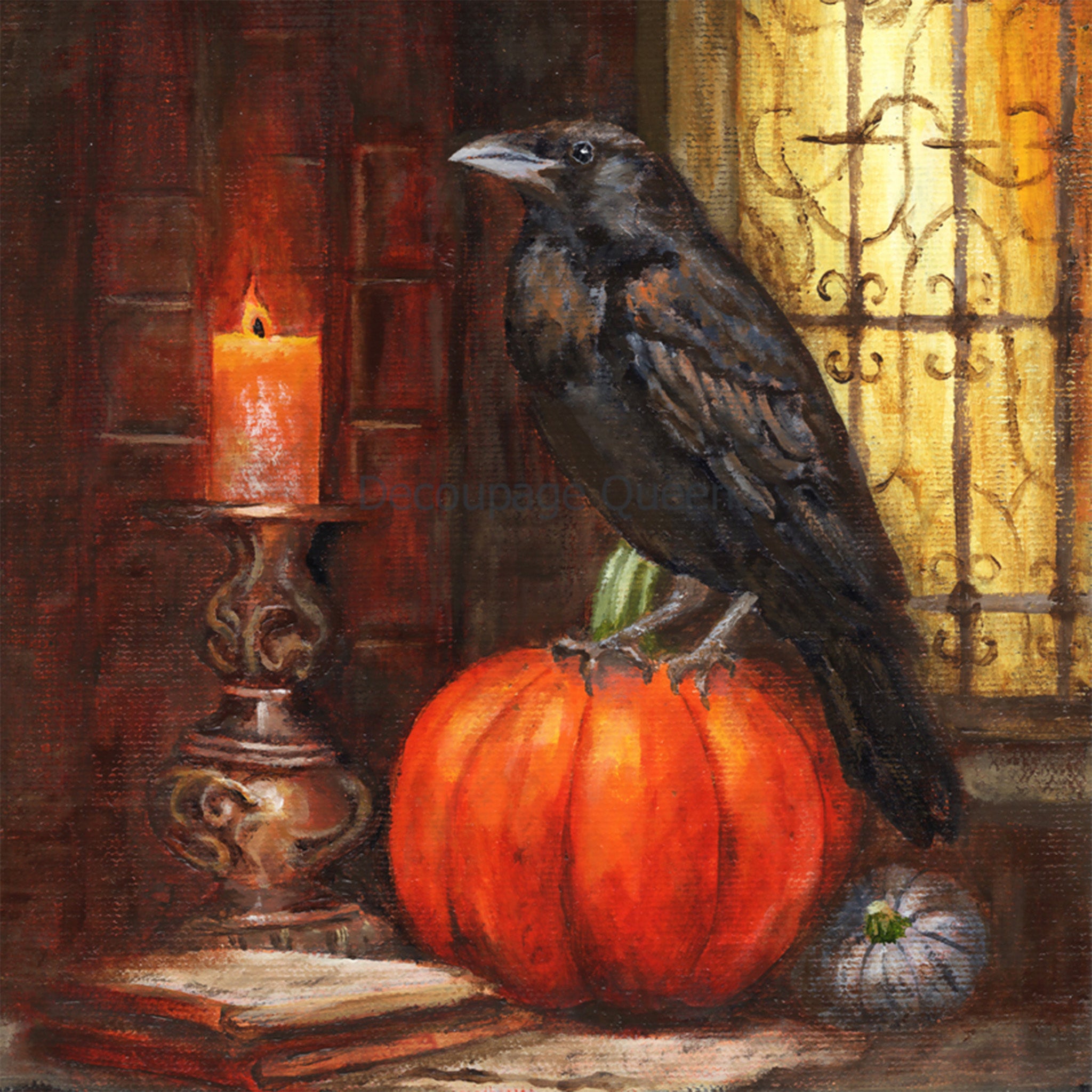 Close-up of a rice paper design that features a raven perched on a pumpkin next to a vintage window and candle.