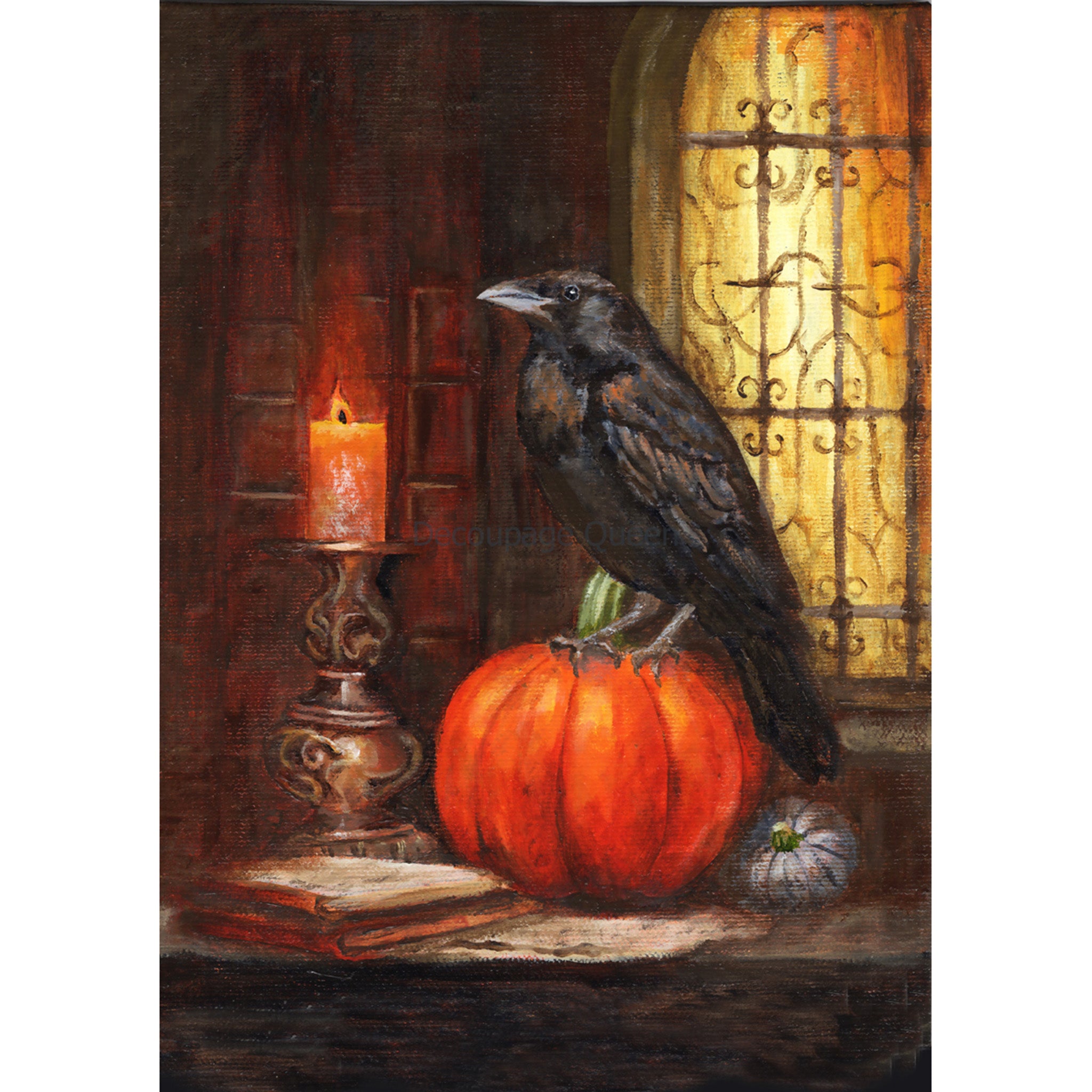 Rice paper design that features a raven perched on a pumpkin next to a vintage window and candle. White borders are on the sides.