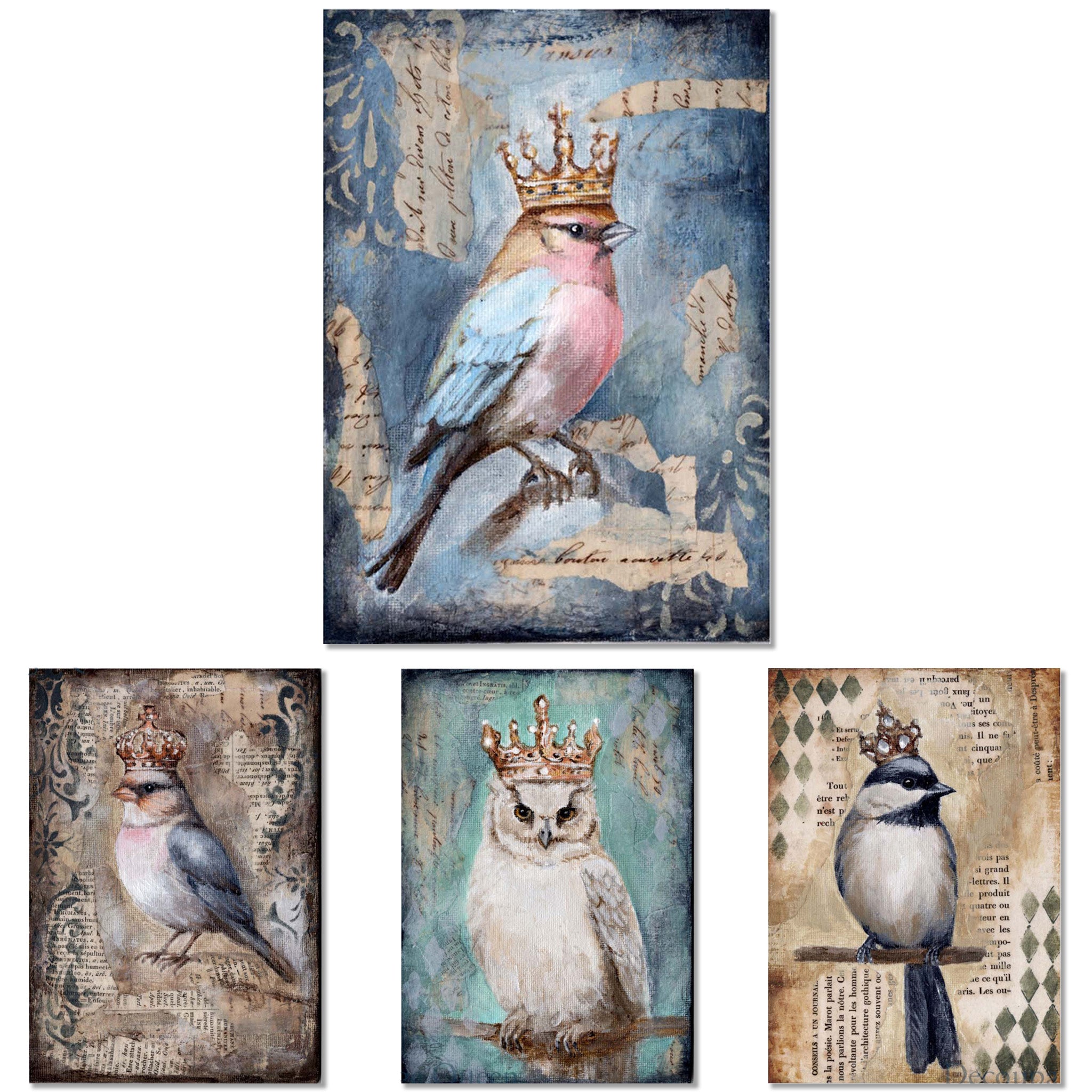 A4 rice papers featuring four designs of birds wearing crowns in front of distressed backdrops are against a white background.